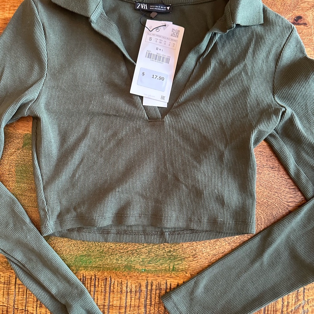 Olive Green Ribbed Long Sleeve Crop Top